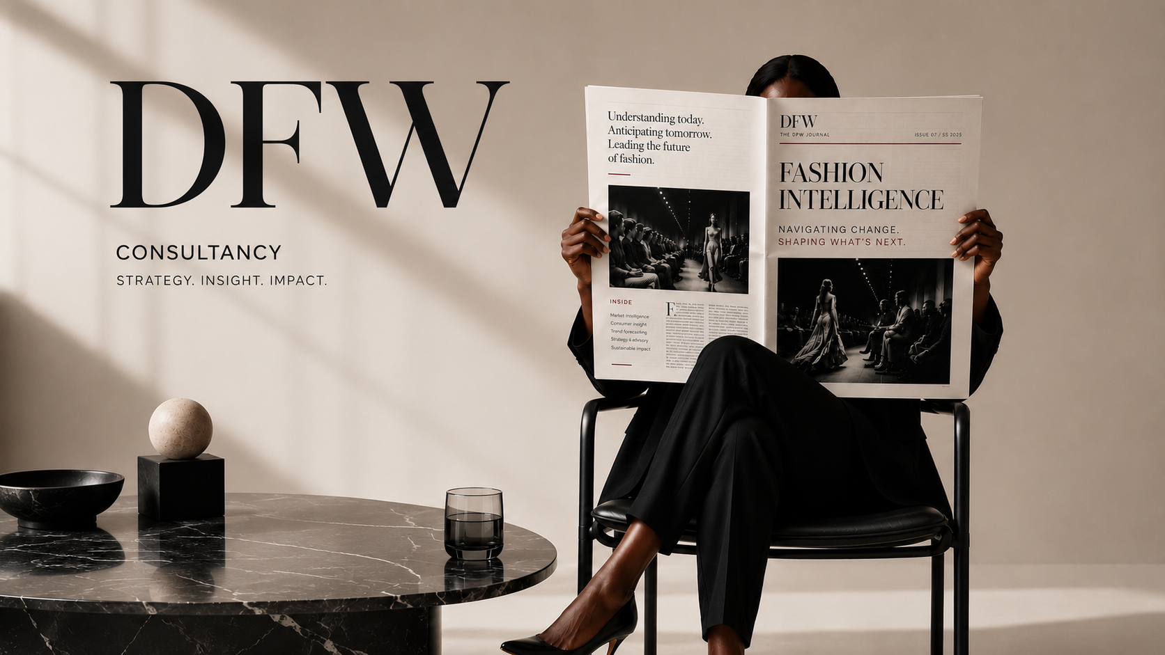 A Digital Fashion World consultancy editorial scene with a DFW masthead and newspaper.