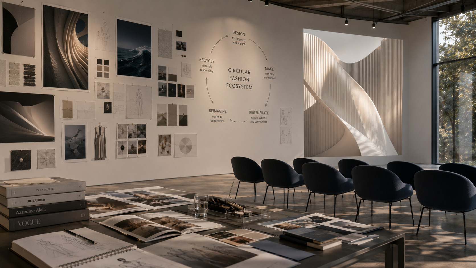 A fashion education space with circular fashion research, material samples and design sketches.