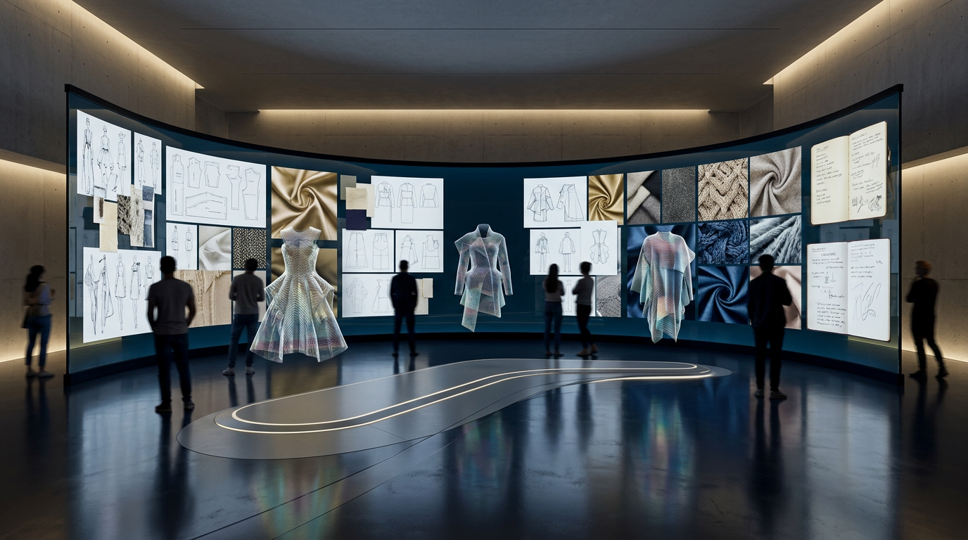 A contemporary museum installation with a curved glass screen displaying fashion design, textiles and material research.