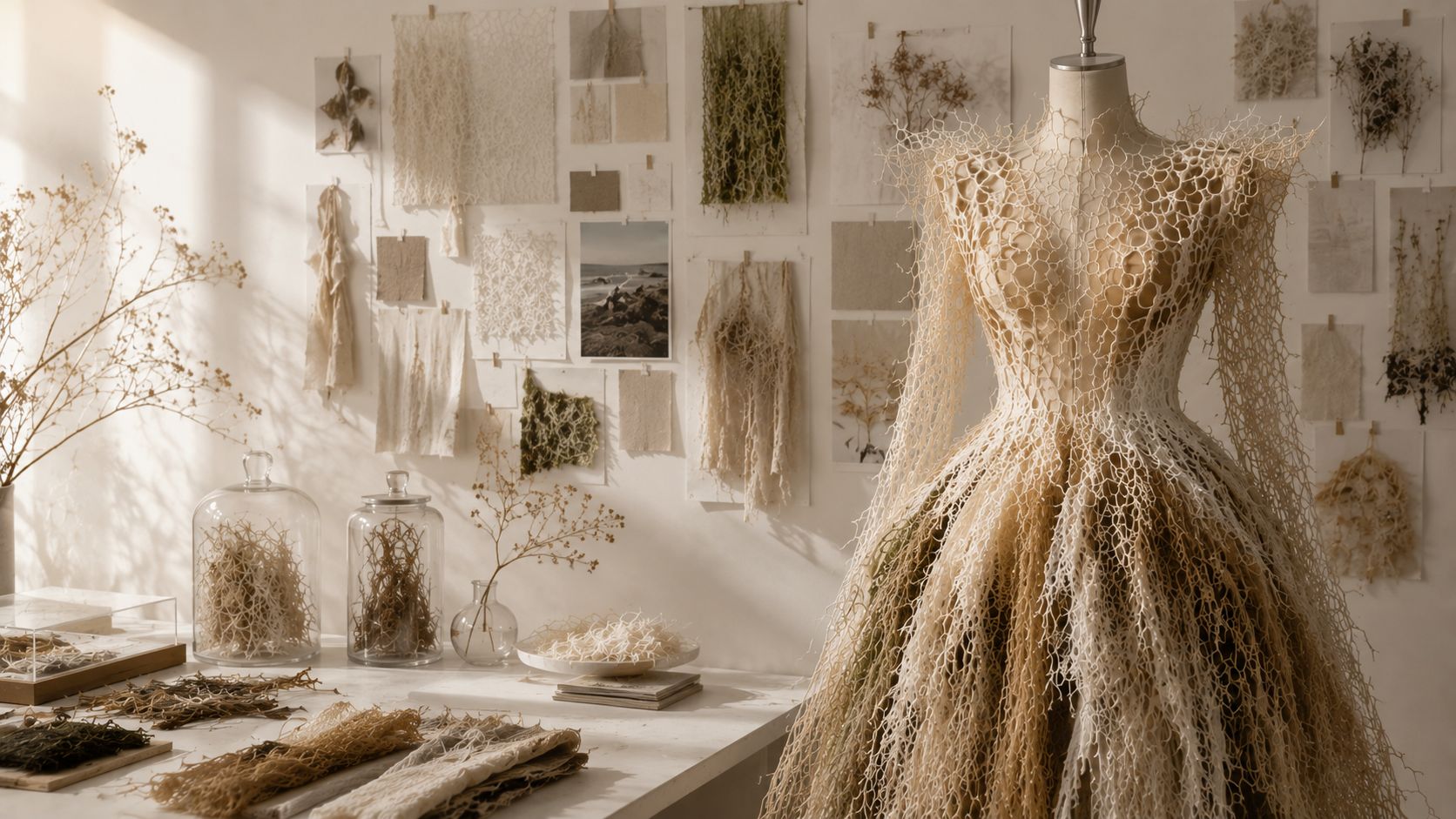 A fashion research studio with experimental textile samples and a sculptural garment form.