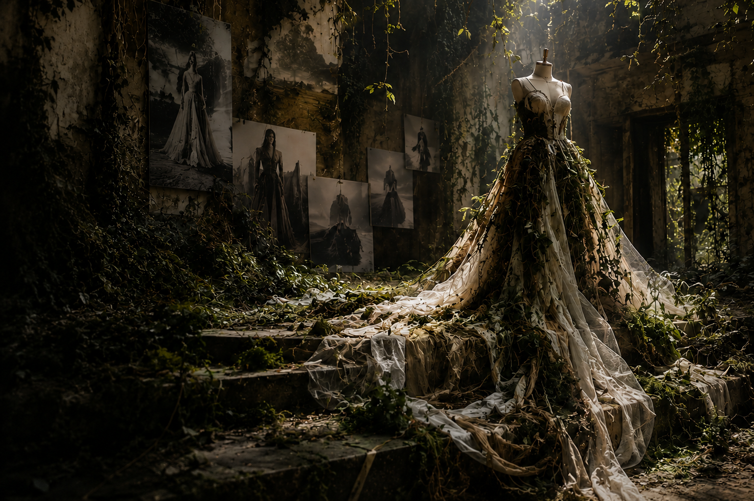 A story-led couture installation in a shadowed botanical interior.