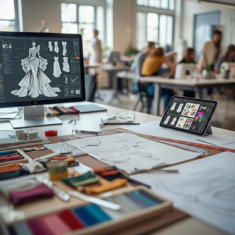 Fashion education and industry development workspace with digital design screens, sketches and material samples.