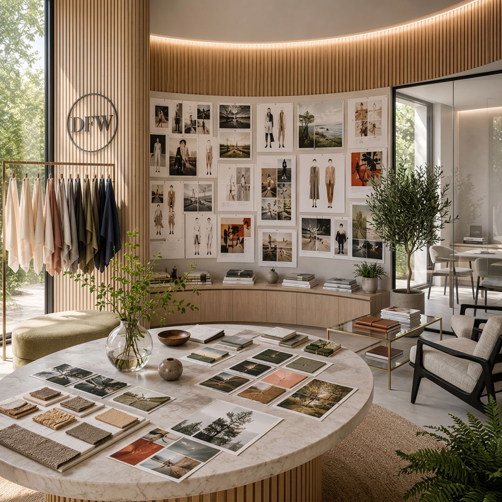 Contemporary fashion agency showroom with curved wood paneling, mood boards and professional seating.