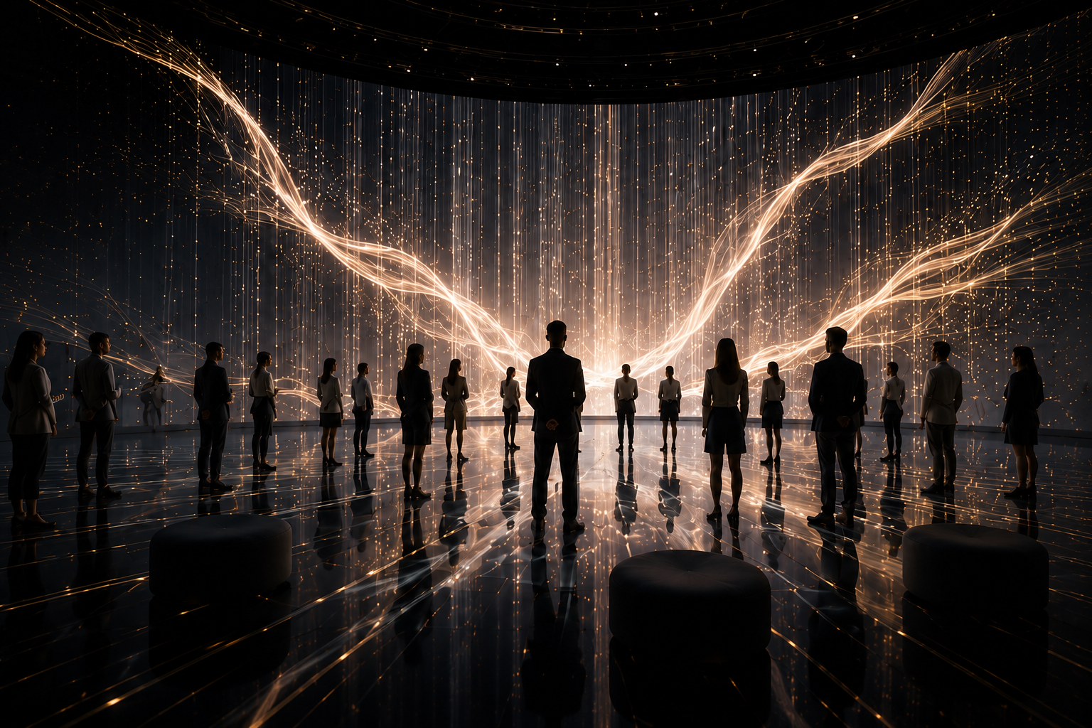 Immersive fashion experience with people standing inside a cinematic light installation.