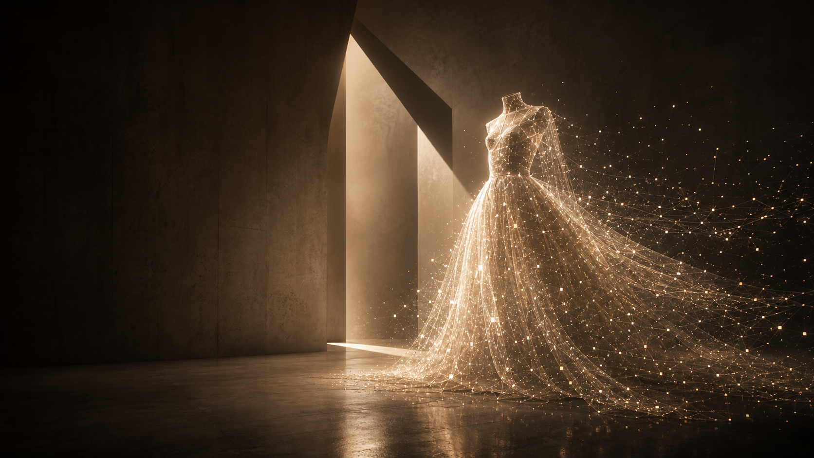 A luminous digital couture dress forming from champagne particles in a warm architectural gallery.